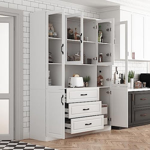 Hitow Tall Bookshelf with Glass Doors & Drawers, Large Storage Cabinet - White (63" W x 15.7" D x 78.9" H)