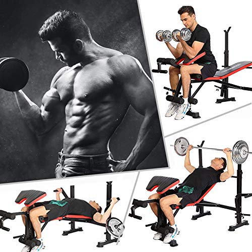 Adjustable Olympic Weight Bench with Leg Developer and Squat Rack Multi-Functional Weight Lifting Bench Set for Whole Body Exercise (Red)