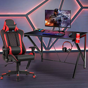 Tangkula Gaming Desk and Gaming Chair Combo Set, Computer Desk and Racing Office Chair Set w/Cup Holder, Earphone Hook, Lumbar Massage and Headrest, Home Office Furniture Set (Red)