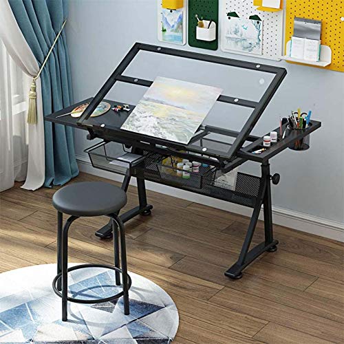 KOUBE Drafting Table Desk, Drafting Table for Artists with Drawers and Stool Glass Top Adjustable Height Angle Tabletop Tilted Art Craft Work Station for Home Office Working