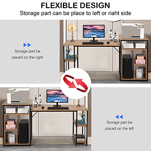 Home Office Desk with Printer Stand and Storage Shelves, 47 inches Computer Desk Large Gaming Desk Multifunctional Writing Table Workstation with Space Saving Design (Brown)