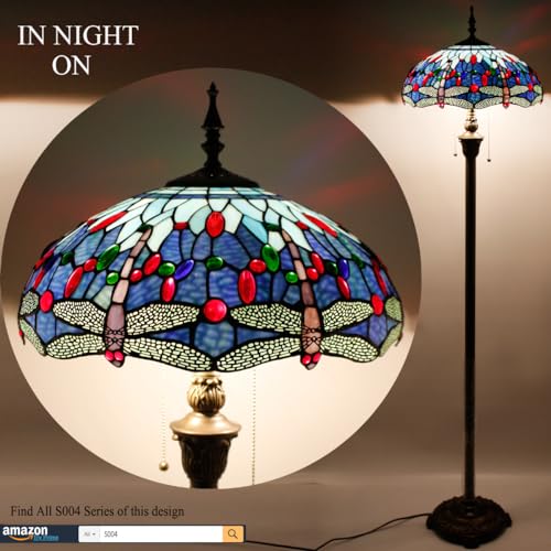 WERFACTORY Tiffany Dragonfly Blue Stained Glass Floor Lamp 16X16X64 Inches - S004 Series