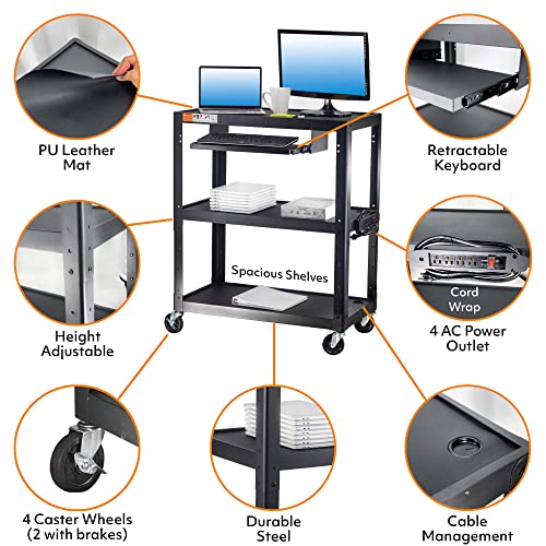 POCHAR Extra Large 3 Tier Rolling Cart with Power Strip - Heavy Duty Utility Cart - 14 Gauge 2mm Durable - Supports Up to 300 LBs - Black