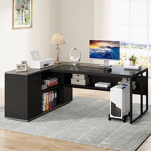 Tribesigns 71" Executive L-Shaped Desk with Cabinet Storage, Shelves - Gray