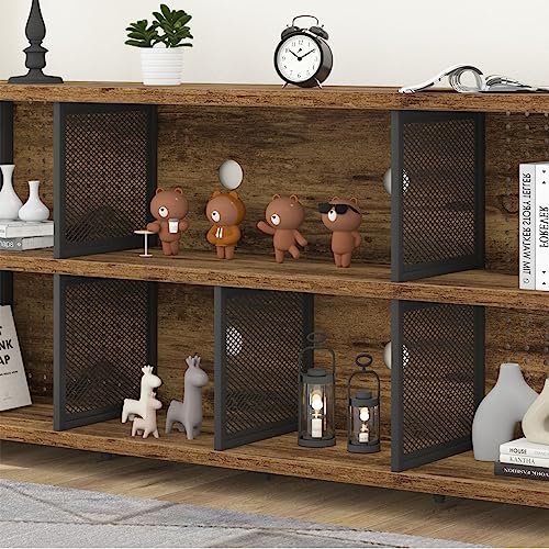 LVB Rustic Horizontal Bookshelf, Industrial Cube Storage Organizer, 63" - Rustic Brown