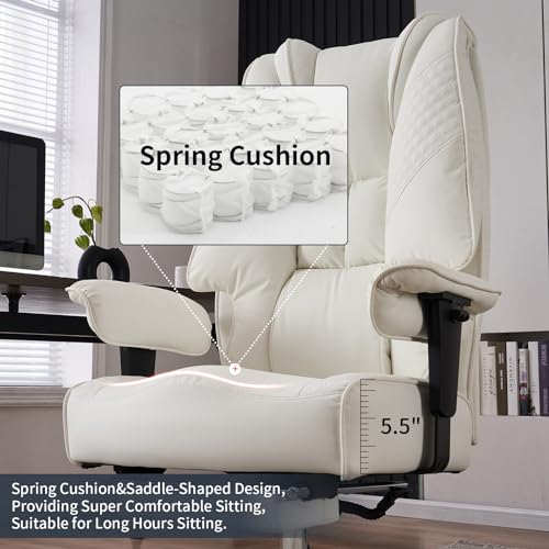 EXCEBET Big and Tall Leather Office Chair with Foot Rest - White