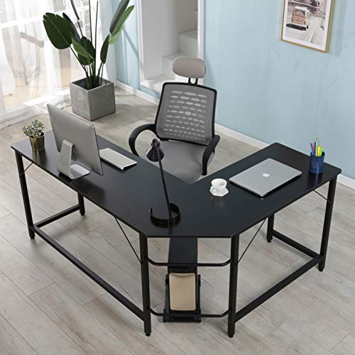 FYHJND L Shaped Computer Desk,L Corner Desk Wood & Steel Modern Writing Study Table Home Office Desk Large PC Laptop Workstation for Study Room Bedroom Living Room Office Room,Black,136×60×15.5cm