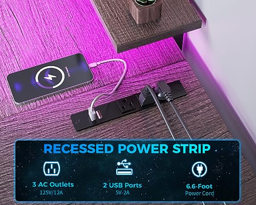 ODK U Shaped Desk with Power Outlets & LED Strip, 66" Reversible L Shaped Desk, Grey Oak
