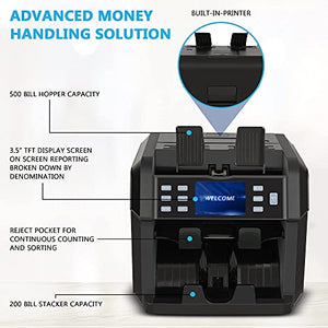 Trank Mixed Denomination Bill Counter, 2-Pocket, with Counterfeit Detection Bank Grade, Multi Currency, Built in Printer