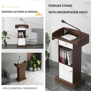 Yadlan Solid Wood White Podium Stand with Microphone Holder and Storage Cabinet