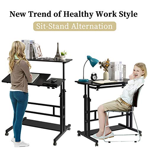 SIDUCAL Mobile Standing Desk, Rolling Ajustable Computer Desk, Mobile Computer Workstation Adjustable Desks for Home Office for Stand Up, Black