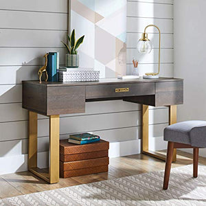 Modern Computer Desk Workstation Home Office Furniture 3 Drawers Storage Organize Laptop PC Table Study Writing Reading Console Table Brown Gold Accent