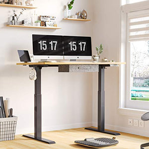 FEZIBO Electric Height Adjustable Standing Desk with Drawer, 48 x 24 Inches Splice Board, Black Frame/Bamboo Top