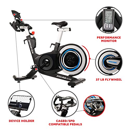 Sunny Health & Fitness Asuna 6100 Sprinter Cycle Exercise Bike - Magnetic Resistance Belt Rear Drive, 350 lb Max Weight with RPM Cadence Sensor, Dual Foot Cage/Clipless (SPD) Pedals