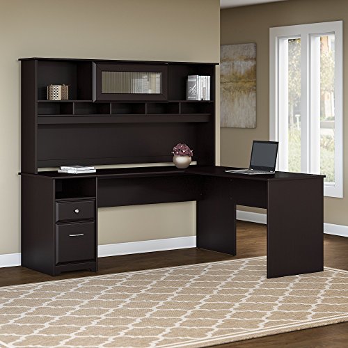 Bush Furniture Cabot 72W L Shaped Computer Desk with Hutch and Drawers in Espresso Oak