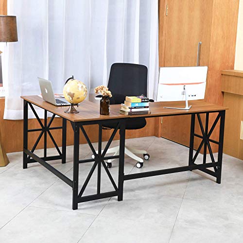 GreenForest L Shaped Desk and Computer Desk Bundle, Industrial Gaming Writing Desk Home Office Furniture Set, Walnut
