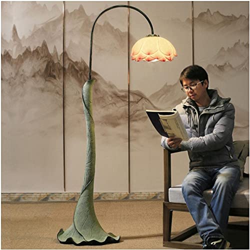POCHY Luxury Lotus Floor Lamp Vintage Resin Standing Lamps - Chinese Style Bedroom Study Lighting