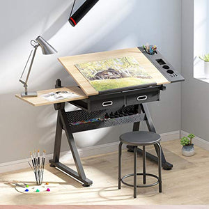 Lgan Height Adjustable Drawing Desk, Tiltable Craft Table with Storage, Maple Panel Art Desk, for Home Office Drafting Table