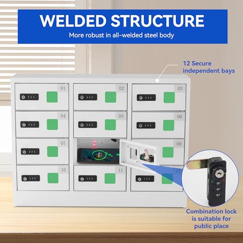 Bpatoimsx Cell Phone Steel Locker with Charging Station - White, 12 Slots