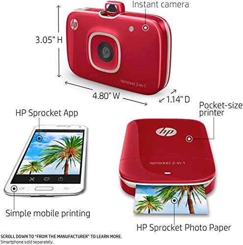 HP Sprocket 2-in-1 Portable Photo Printer & Instant Camera, print social media photos on 2x3" sticky-backed paper - Red (2FB98A)