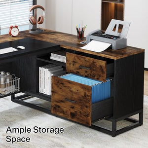 Tribesigns 63" L-Shaped Executive Desk with Drawers and Shelves, Rustic Business Furniture, Brown & Black
