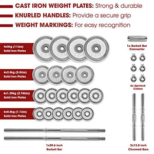 STOZM Dumbbell Full Set - Dumbbell Set with Case, Collars, Connectors, Weight Plate, Dumbbell and Bar Bell Options (Chrome, 110lbs) (T18D)