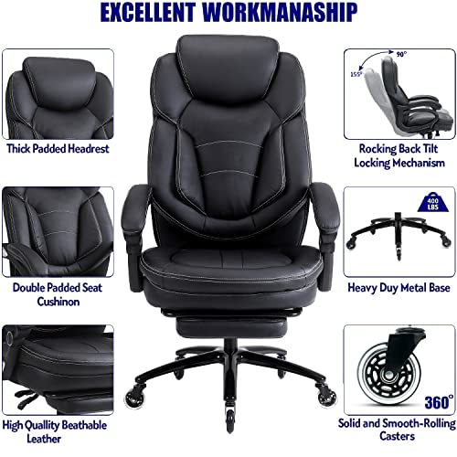 KCREAM Big and Tall High Back Massage Reclining Office Chair with Footrest - Black
