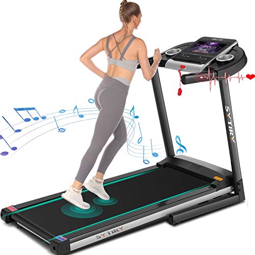 SYTIRY Treadmills for Home, Folding Treadmill with 10" HD TV Screen and WiFi,3.25hp Motor,Running Machine for Exercise with Workout Program, Hydraulic Drop, Heart Rate Sensor