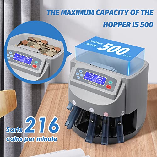 Frifreego Auto Coin Sorter with LED Display, Electric Coin Counter Machine for Sorting 1¢, 5¢, 10¢, 25¢, 50¢ and 1$, Capacity Up to 500, Predetermined Sorting Number