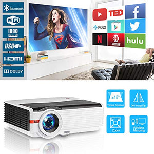 WIKISH Smart Movie Projector Support Bluetooth/Wifi/1080P/Zoom/Screen Mirroring,Compatible with DVD Player Laptop PC TV Box Smartphone PS4 Mac HDMI USB AV for Home Entertainment Outdoor Video Game