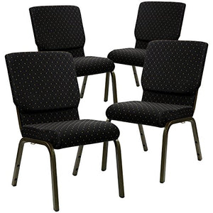 Flash Furniture 4 Pack HERCULES Series Stacking Church Chair - Black Dot Patterned Fabric - Gold Vein Frame