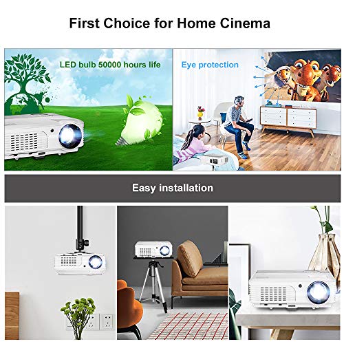 EUG WXGA LCD 1080P Projector Home Theater, 4400 Lumen LED Inside Outside Movie Projectors with Zoom Compatible with TV Stick, HDMI, USB, VGA, Xbox, Laptop for Gaming Sports Matches Artworks Party.