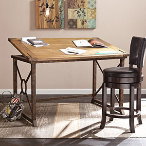 Southern Enterprises Knightley Tilt Top Drafting Table - 51.5" Wide - Oak Wood Finish w/Antique Brass