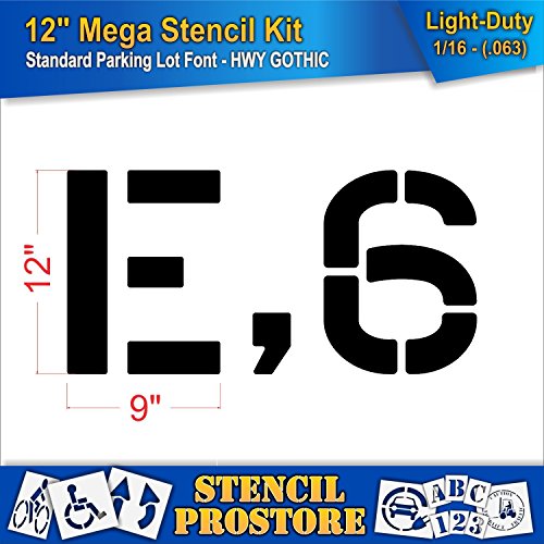 Pavement Stencils -12 inch MEGA Alpha/NUM Set - (64 Piece) - 12" x 9" x 1/16" (63 mil) - Light-Duty
