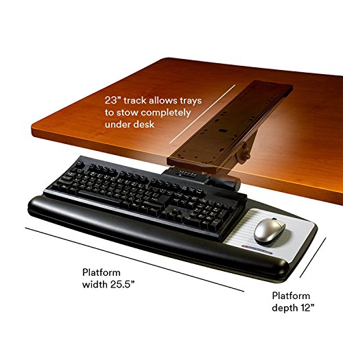 3M Keyboard Tray, Just Lift to Adjust Height and Tilt, Sturdy Tray Includes Gel Wrist Rest and Precise Mouse Pad, Swivels Side to Side and Stores Under Desk, 23" Track, Black (AKT90LE)