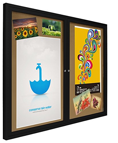 Displays2go 4 x 3 Inches Indoor Bulletin Board with 2 Locking Swing-Open Doors, 48 x 36 Inches Cork Board with Wall-Mounting Bracket, Black Aluminum Frame with Natural Cork Backing (BBSWNG43BK)