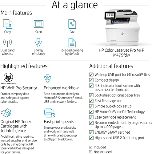 HP Color LaserJet Pro M479fdw All-in-One Wireless Laser Printer, Print & Copy & Scan & Fax, 28ppm, 600 x 600dpi, Auto 2-sided Printing, 4.3" Color Touchscreen Display, Wi-Fi, Bundle with Printer Cable