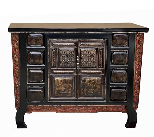 orientliving Chinese Brown Bold Graphic Credenza Table Cabinet Acs7758