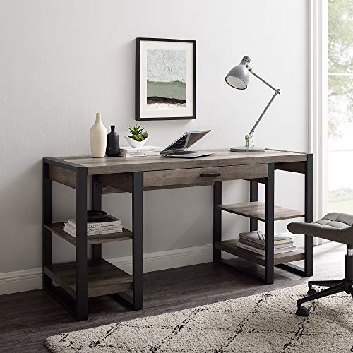 Walker Edison Industrial Wood Computer Writing 4 Storage Shelves and Gaming Gamer Command Center Workstation Desk Home Office, 60 Inch, Grey Wash