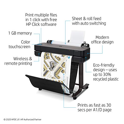 HP DesignJet T630 Large Format Wireless Plotter Printer - 24" (5HB09A), with Multipack and High-Capacity Genuine Ink Cartridges (10 Inks) - Bundle