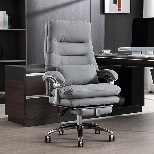 BOWTHY High Back Executive Office Chair with Foot Rest - Gray Comfy Chair with Reclining Desk, Padded Armrests, and Thick Cushion