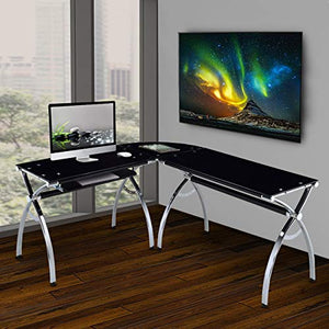 Techni Mobili L-Shaped Colored Tempered Glass Top Corner Desk With Pull Out Keyboard Tray, 61.25" W X 55" D X 30" H, Black