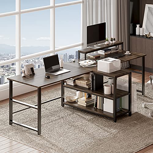Sedeta 94.5 inches Computer Desk, Two Person Desk, Double Desk with Storage Shelves, Extra Long Workstation Desk with Monitor Stand, Power Strip with USB, Study Writing Desk for Home Office, Walnut