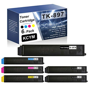6 Pack TK-897K TK-897C TK-897M TK-897Y (3BK+1C+1M+1Y) Compatible Toner Cartridge Replacement for Kyocera FS-C8520MFP FS-C8020MFP FS-C8025MFP FS-C8030MFP TASKalfa 206ci 205c 255c Toner Printer