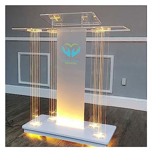 deenkk Acrylic Podium Stand with RGB LED Lights, 46" Tall, Wide Reading Surface