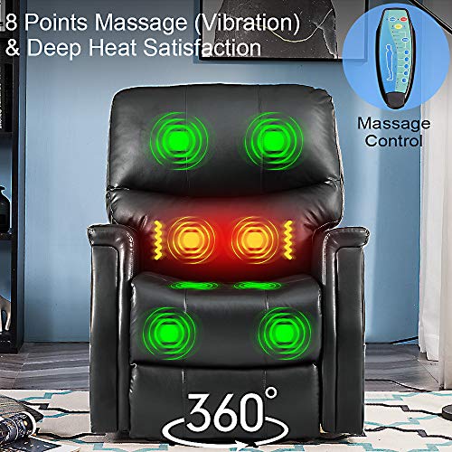 eclife Massage Recliner Chair with Lumbar Heating, 360 Degree Swivel& Rocking, Ergonomic Lounge Chair, Reclining Sofa for Living Room, Side Pocket， Remote Control (Black + PU, Swivel+Rocking)