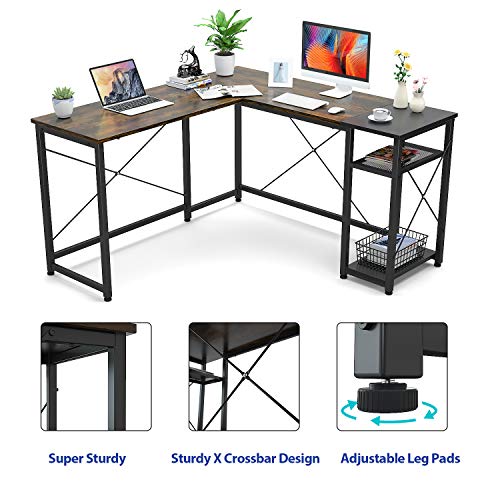 Foxemart L-Shaped Computer Desk, Industrial Corner Desk Writing Study Table with Storage Shelves, Space-Saving, Large Gaming Desk 2 Person Table for Home Office Workstation, Rustic Brown/Black