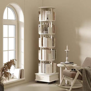 MMV Rotating Book Shelf with Drawer, 5-Tier Mobile Bookshelf, 79" Tall, White