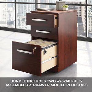 Pemberly Row Cherry 72" x 24" Shell with Two 3-Drawer Mobile File Cabinets