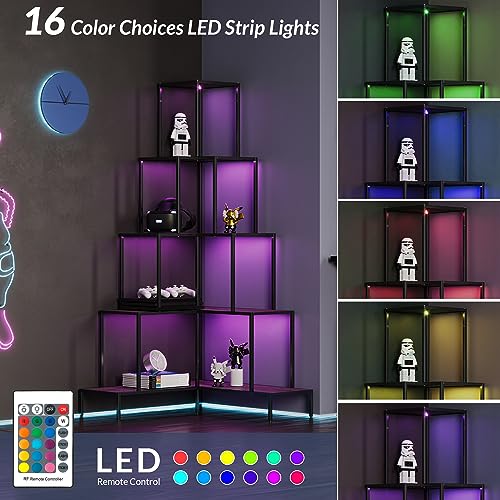 BELLEZE 5-Tier Corner Bookshelf with RGB Light, Remote Control - 66" Tall L-Shaped Bookcase - Gray